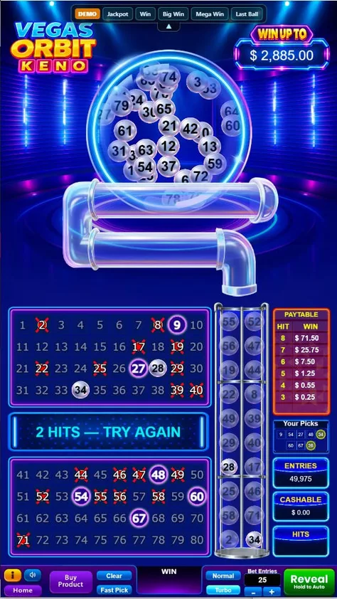 Vegas Orbit Keno game screen