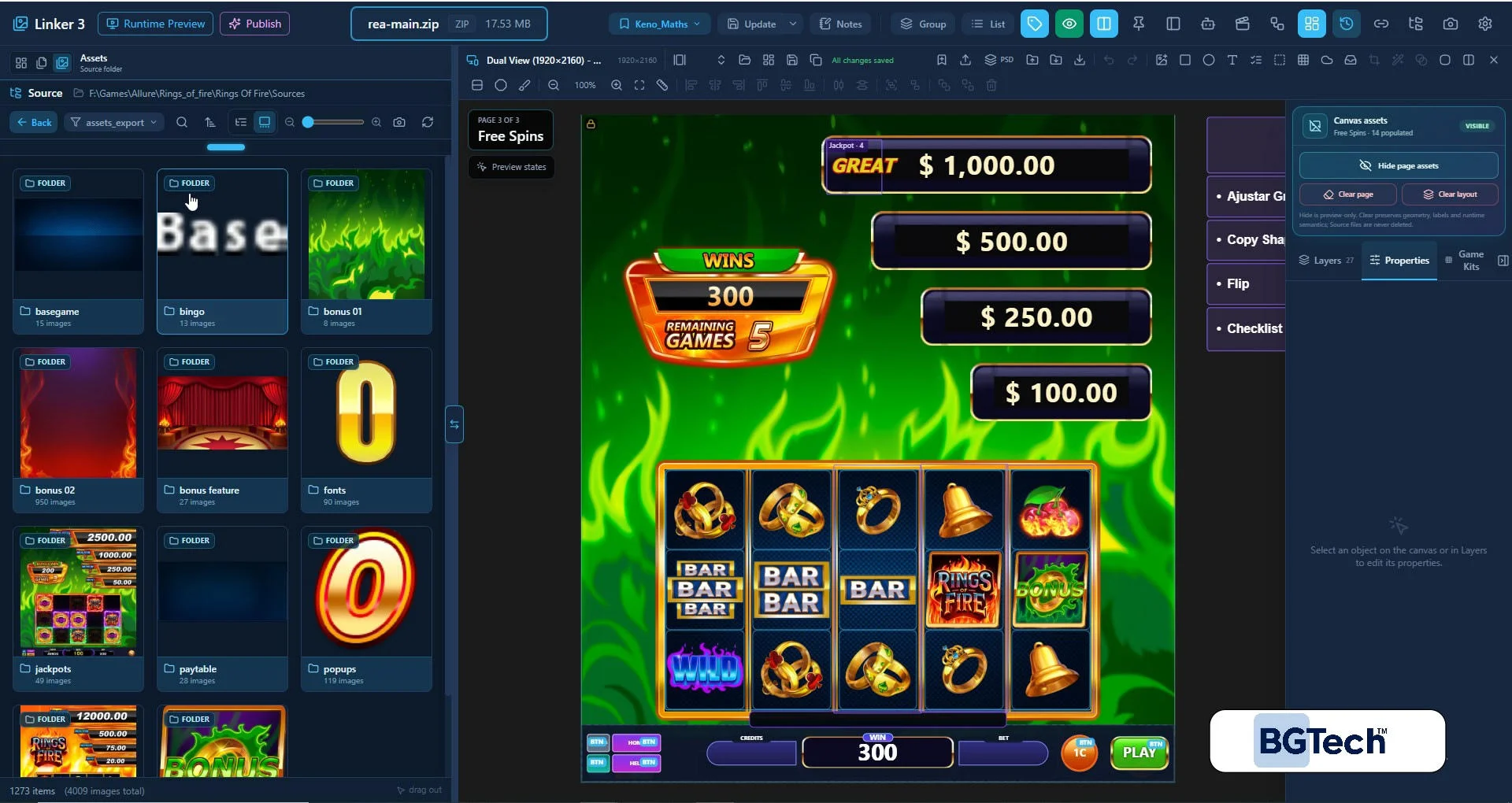 Linker 3, the BGTech game editor, with a slot game's free spins screen open on the canvas and its asset folders on the left
