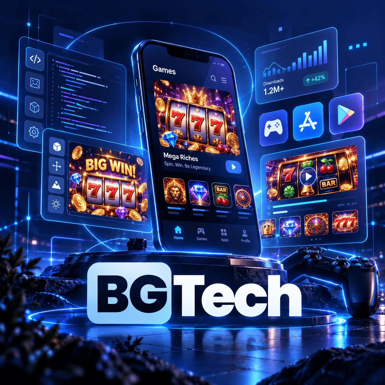 The BGTech logo in front of a phone showing slot games, surrounded by slot machine, code and app-store panels